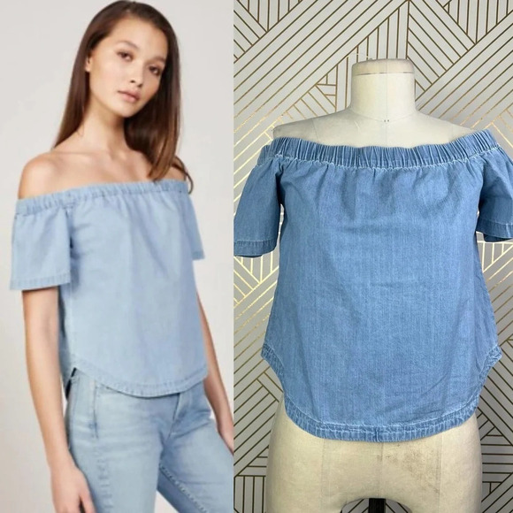 3x1 NYC‎ Clark Shirt Top Off The Shoulder Denim Chambray Blue Size US Small - Picture 1 of 12